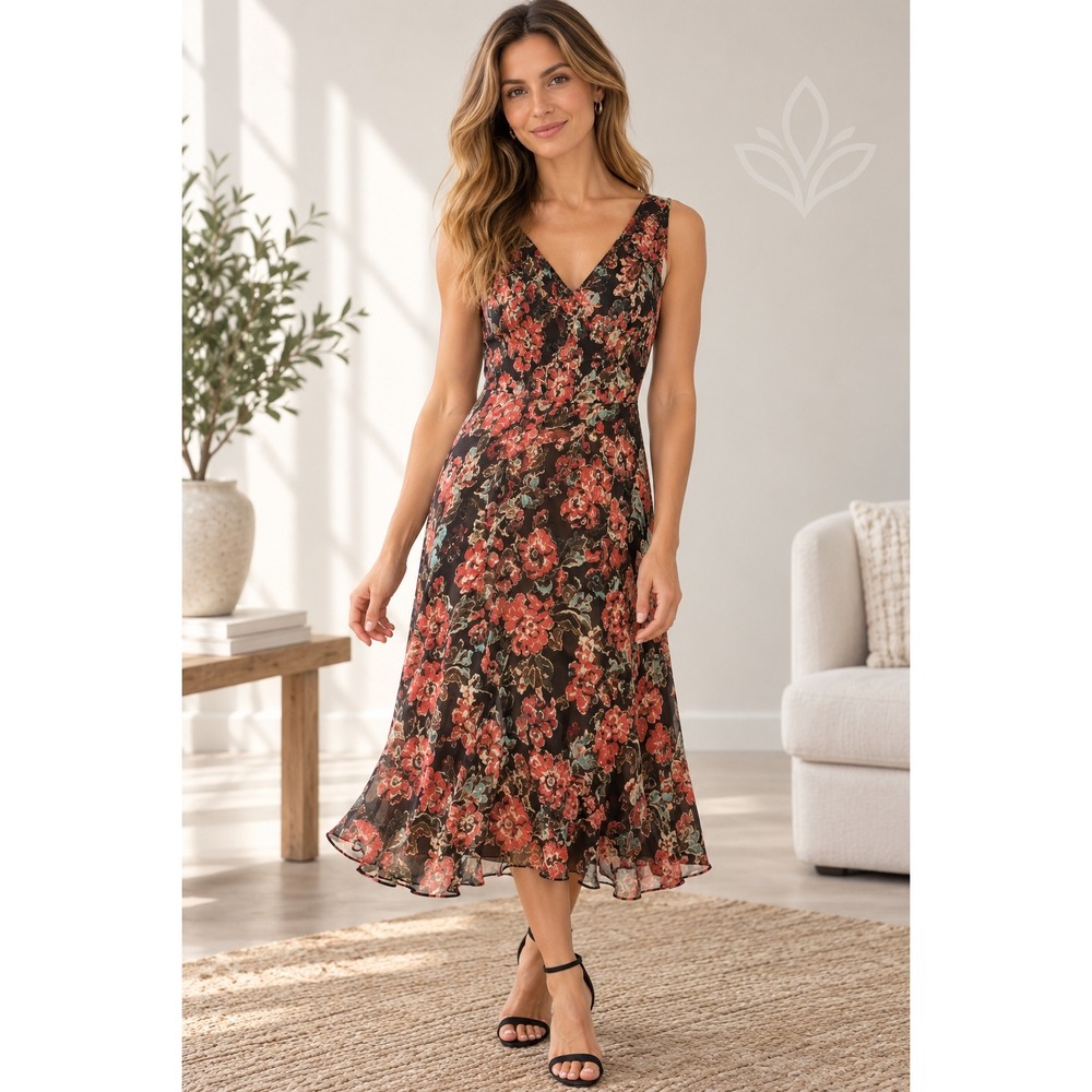 Jones New York Silk Dress Womens 6P Brown Floral V-Neck Midi Cottagecore